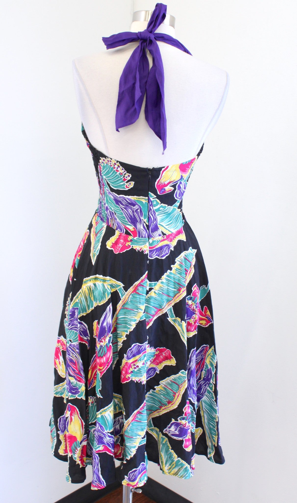 Trashy Diva Black Colorful Tropical Leaf Floral Halter Fit and Flare Dress Sz XS