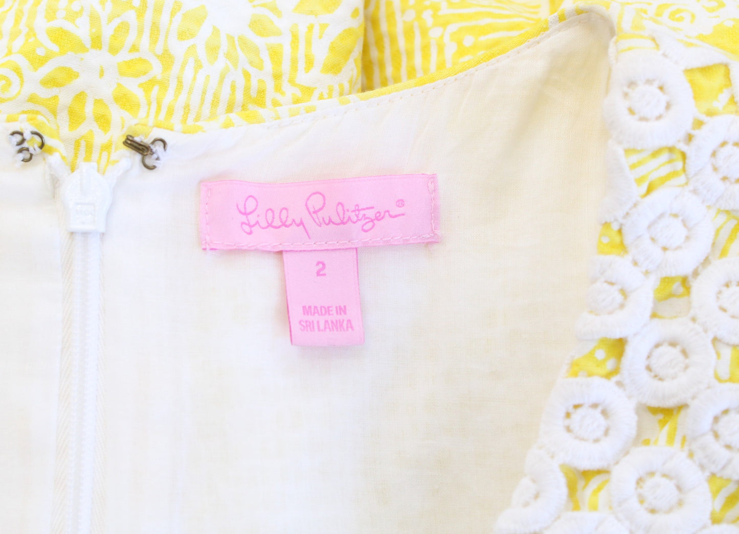 Lilly Pulitzer Yellow White Macfarlane Sun Print Lace Trim Dress Size 2 Mini