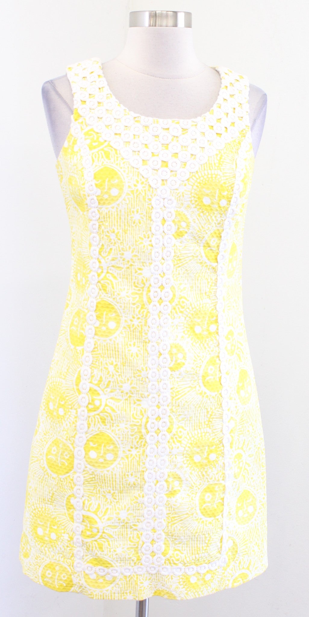Lilly Pulitzer Yellow White Macfarlane Sun Print Lace Trim Dress Size 2 Mini