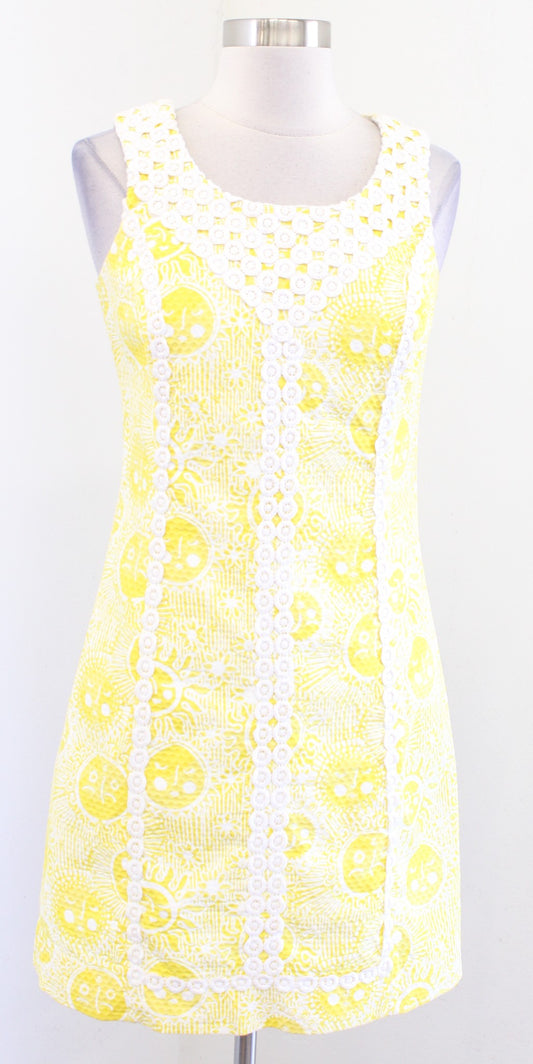 Lilly Pulitzer Yellow White Macfarlane Sun Print Lace Trim Dress Size 2 Mini