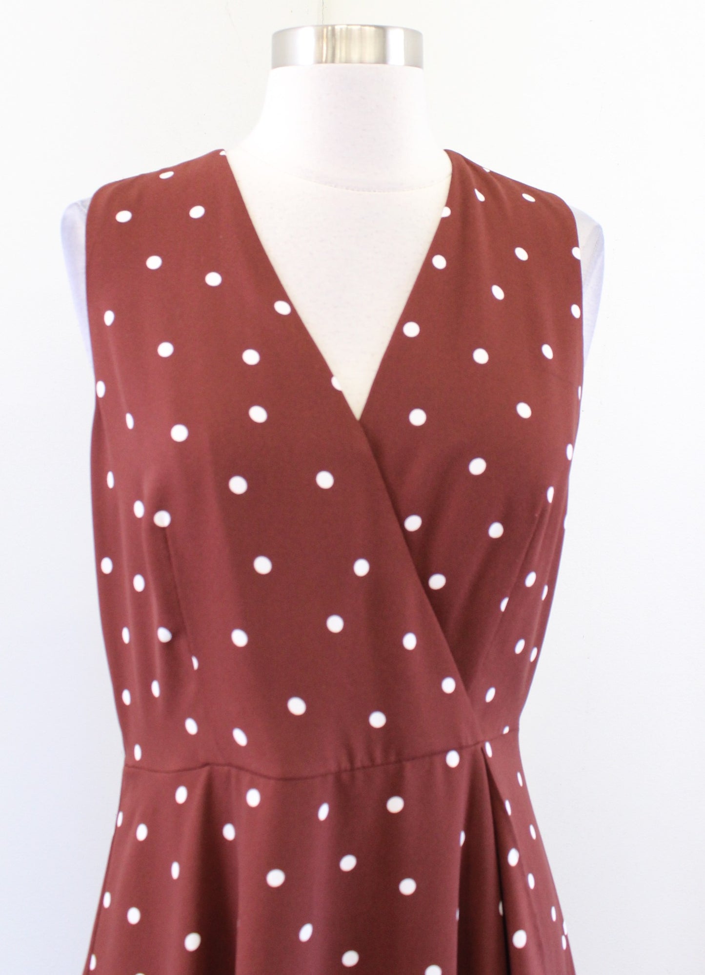 Ann Taylor Cognac Brown White Polka Dot Ruffle Faux Wrap V Neck Dress Size 6