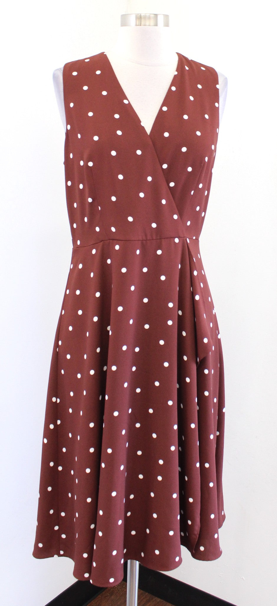 Ann Taylor Cognac Brown White Polka Dot Ruffle Faux Wrap V Neck Dress Size 6
