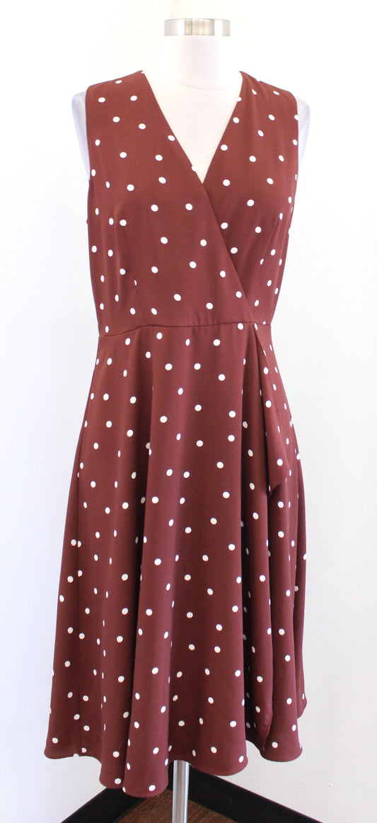 Ann Taylor Cognac Brown White Polka Dot Ruffle Faux Wrap V Neck Dress Size 6