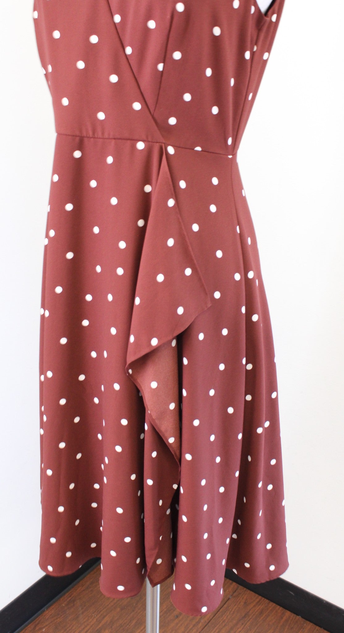 Ann Taylor Cognac Brown White Polka Dot Ruffle Faux Wrap V Neck Dress Size 6