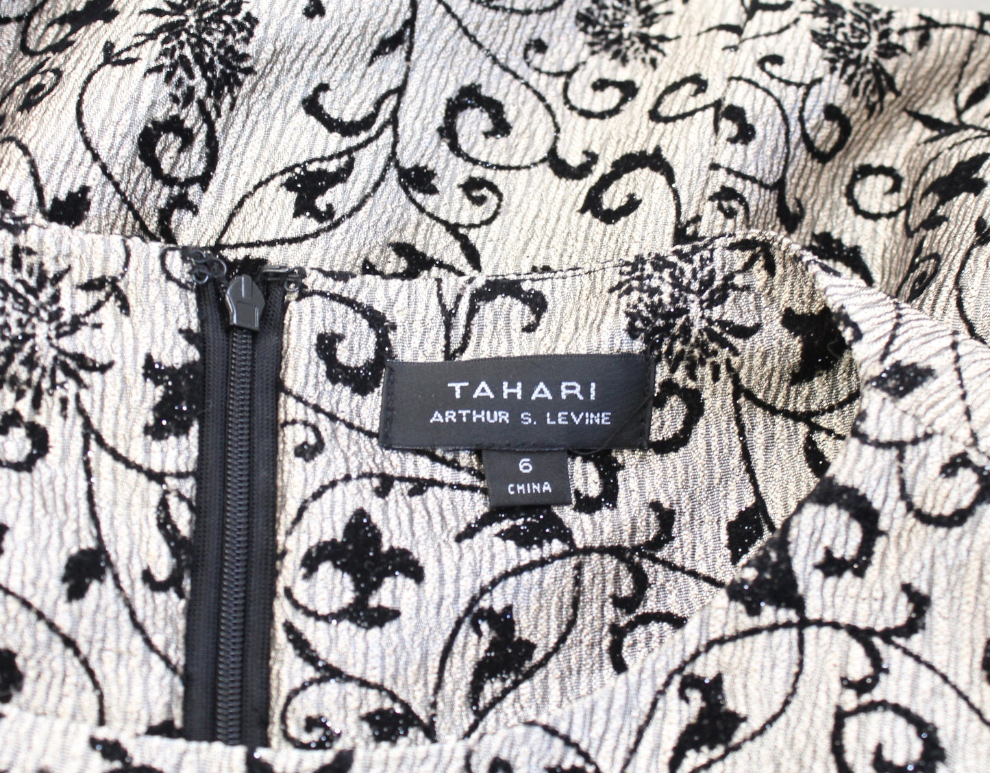 Tahari ASL Levine Gold Black Velvet Floral Metallic Sequin Sheath Dress Size 6