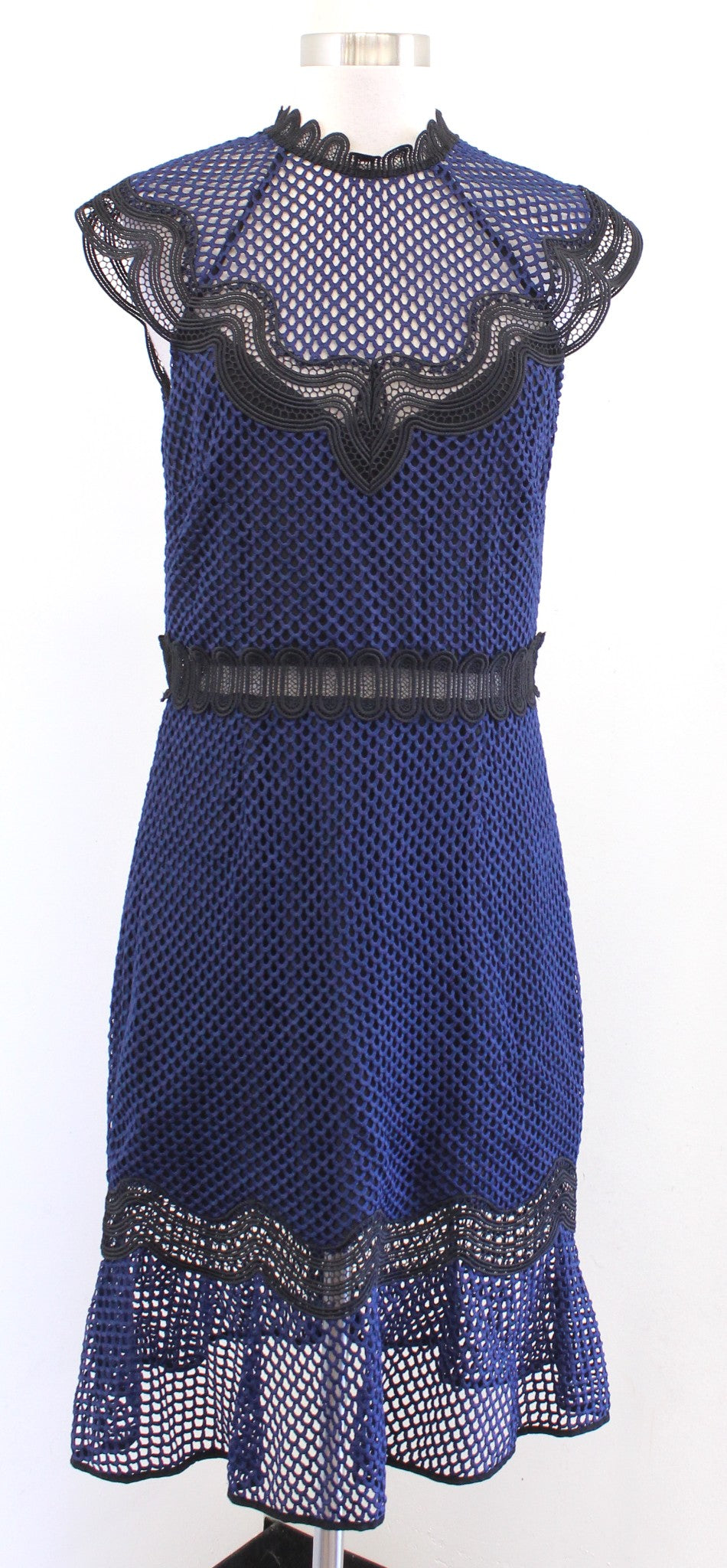 Saylor Free People Navy Blue Black Lace Ruffle Open Back Dress Size L Cocktail