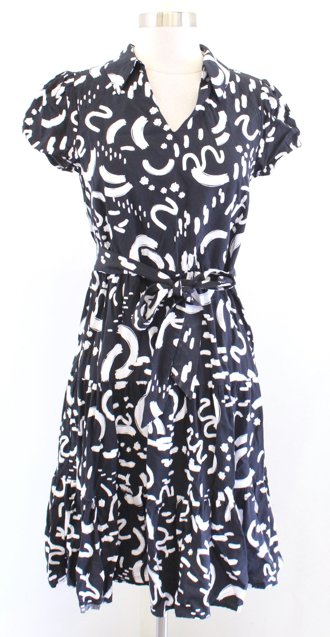 T Tahari Black White Abstract Print Tiered Tie Waist Dress Size S Artsy Unique