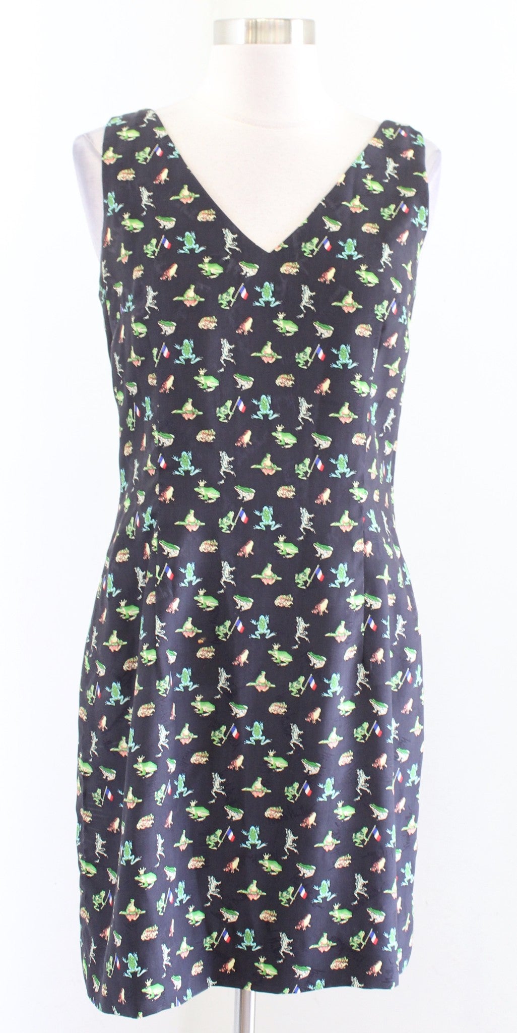 Vtg 90s Nicole Miller Silk Unique Frog French Flag Print V Neck Dress Size 8