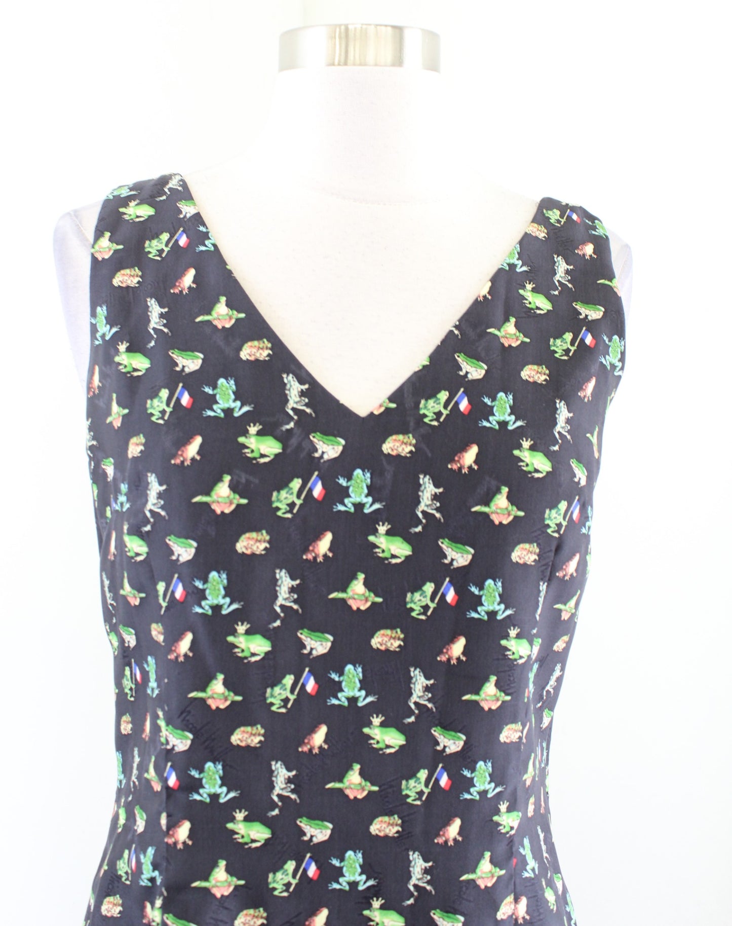Vtg 90s Nicole Miller Silk Unique Frog French Flag Print V Neck Dress Size 8