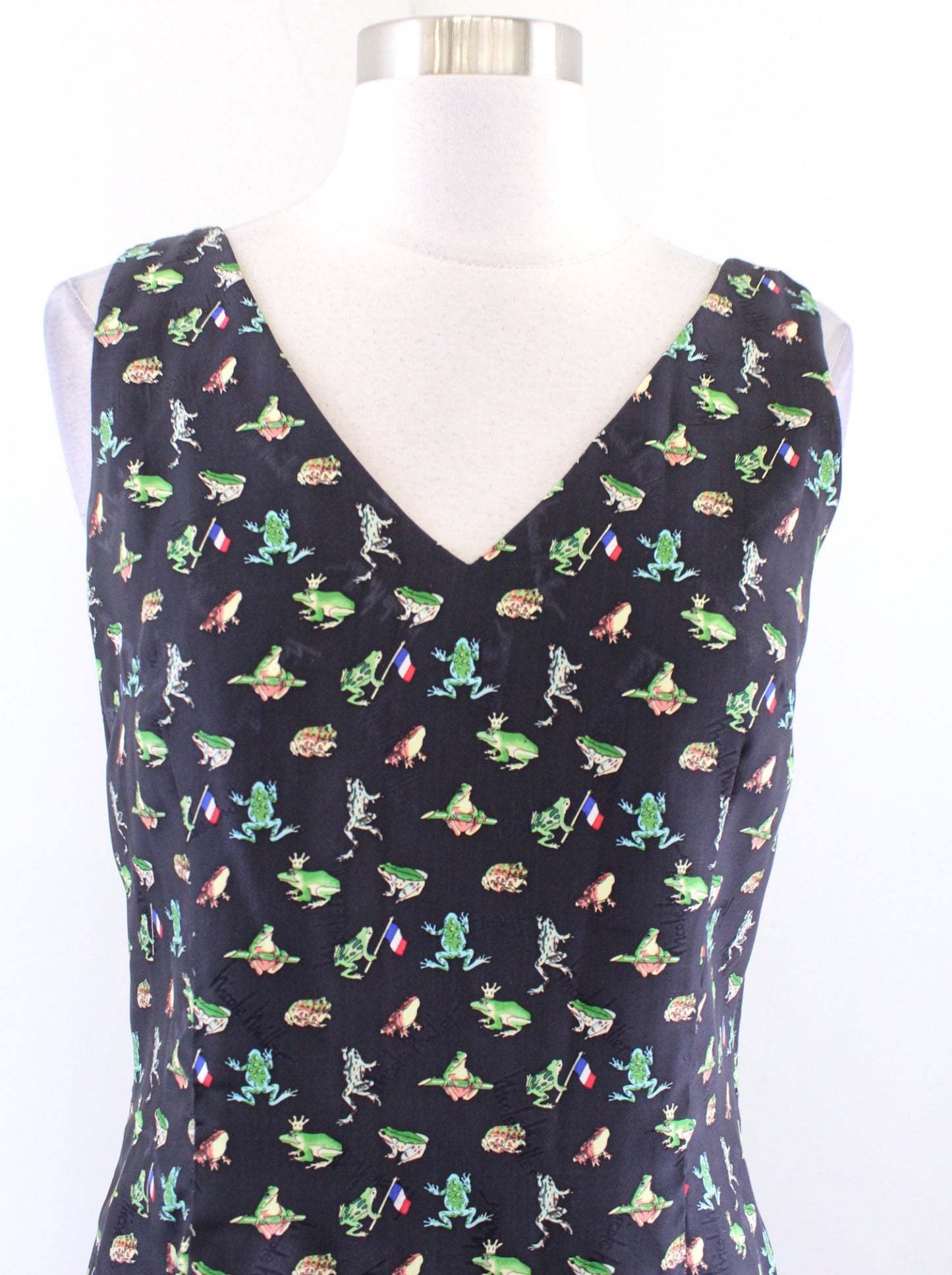 Vtg 90s Nicole Miller Silk Unique Frog French Flag Print V Neck Dress Size 8