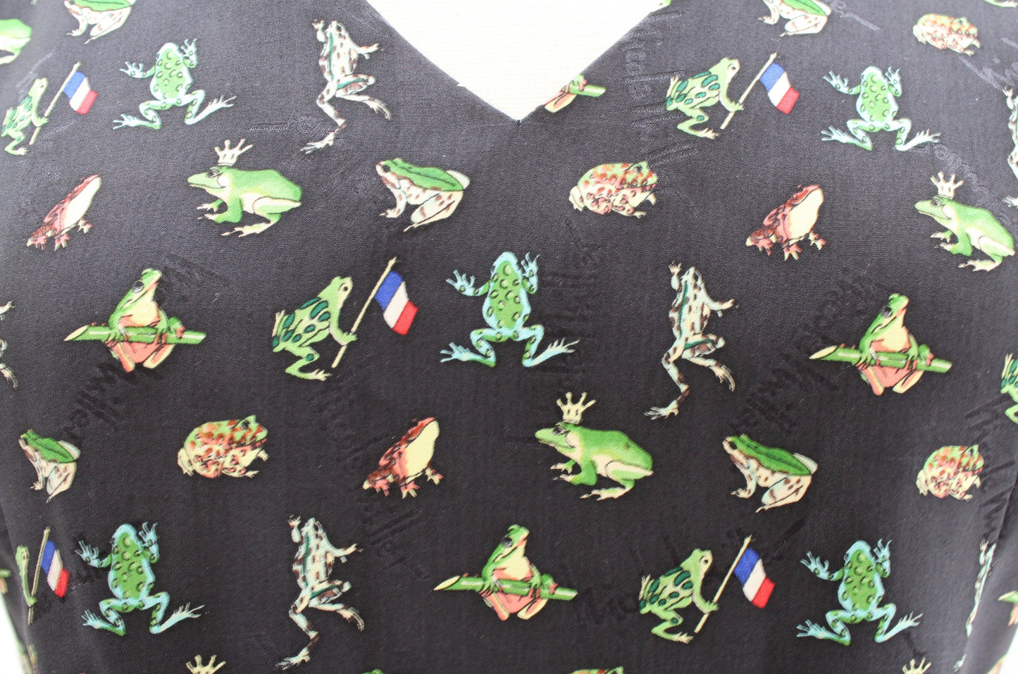 Vtg 90s Nicole Miller Silk Unique Frog French Flag Print V Neck Dress Size 8