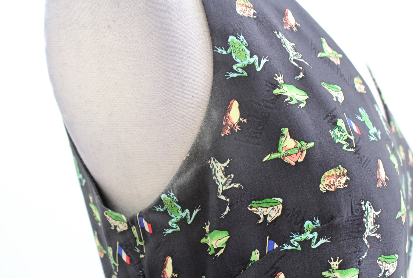 Vtg 90s Nicole Miller Silk Unique Frog French Flag Print V Neck Dress Size 8