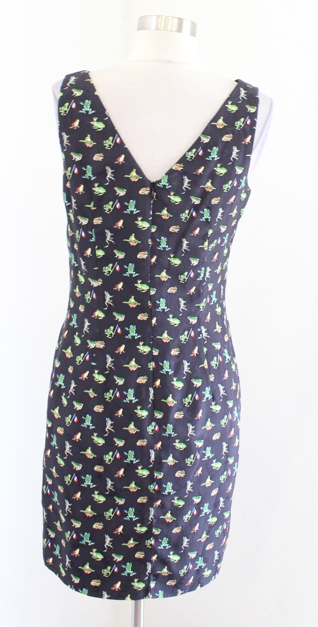 Vtg 90s Nicole Miller Silk Unique Frog French Flag Print V Neck Dress Size 8