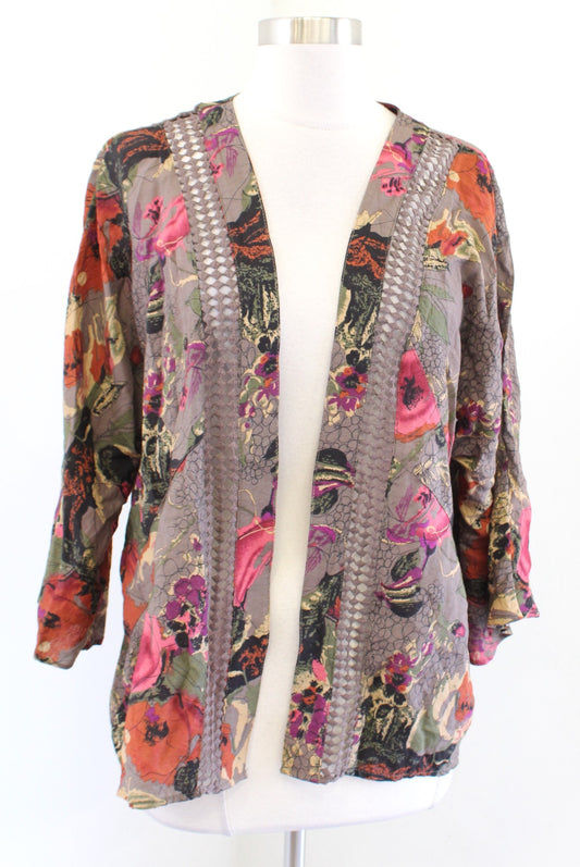 Soft Surroundings Brown Multi Color Floral Print Lace Cutout Kimono Topper Sz XS