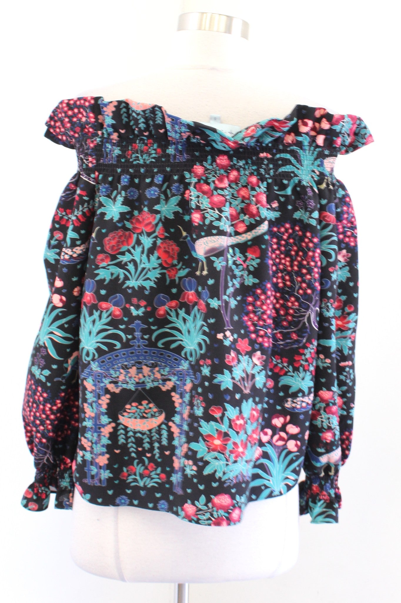 Tuckernuck Marguerite Black Midnight Garden Floral Bird Print Off Shoulder Top S