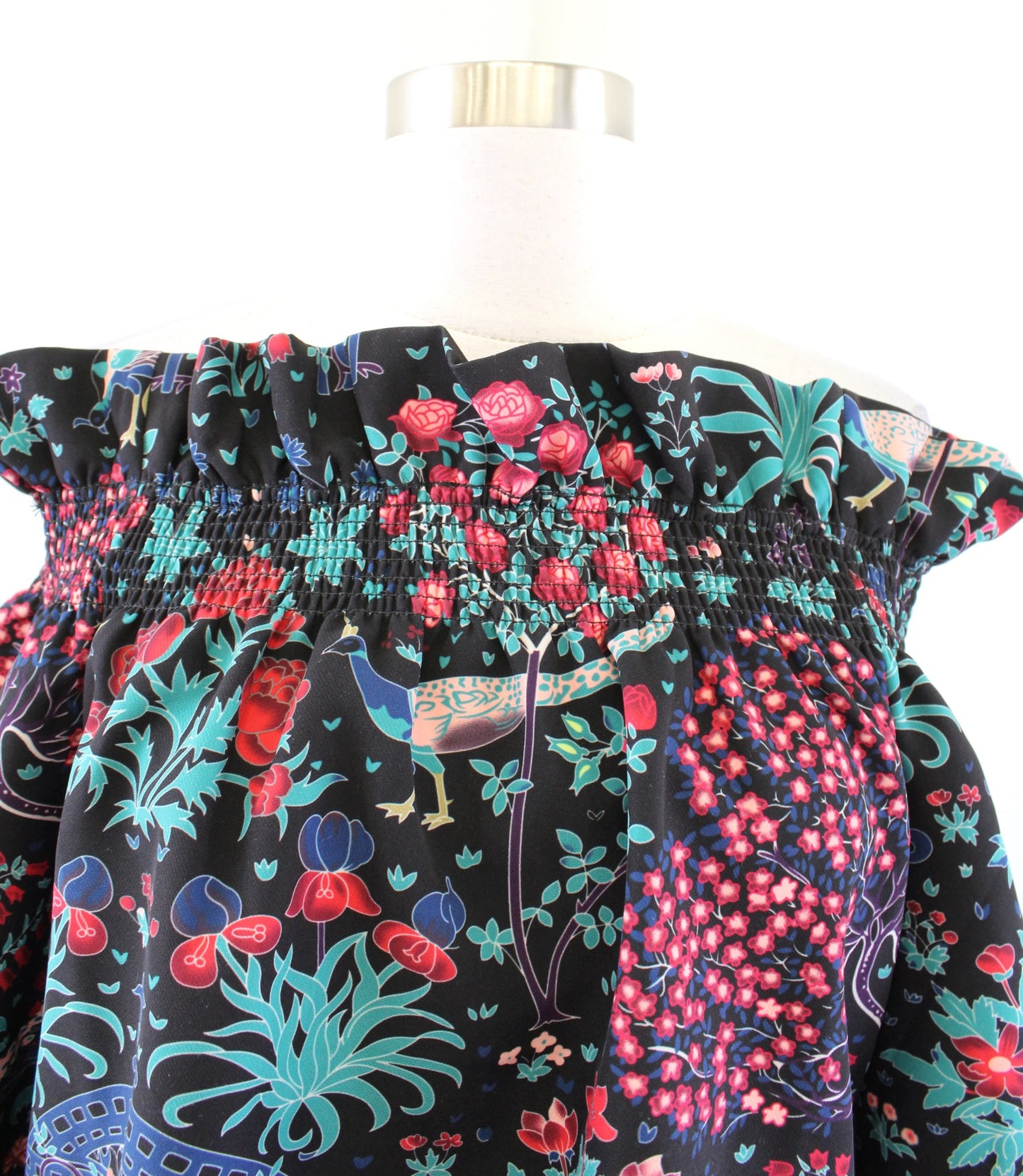 Tuckernuck Marguerite Black Midnight Garden Floral Bird Print Off Shoulder Top S