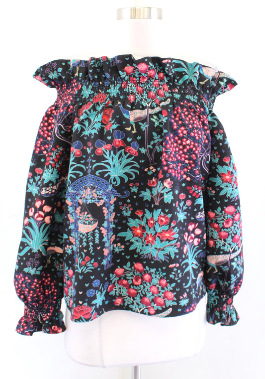 Tuckernuck Marguerite Black Midnight Garden Floral Bird Print Off Shoulder Top S
