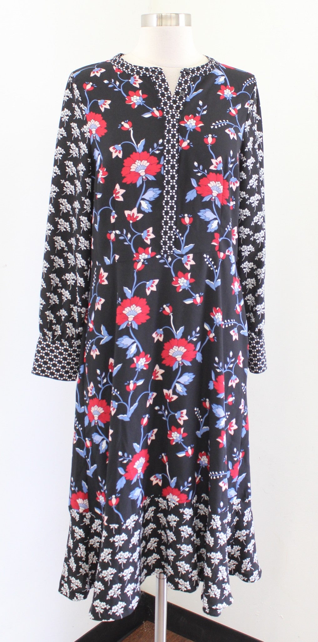 Talbots Black Mixed Floral Print Crepe Flounce Hem Midi Dress Size 10P Casual