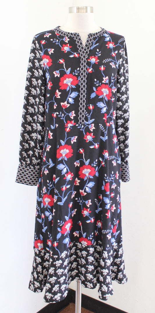 Talbots Black Mixed Floral Print Crepe Flounce Hem Midi Dress Size 10P Casual