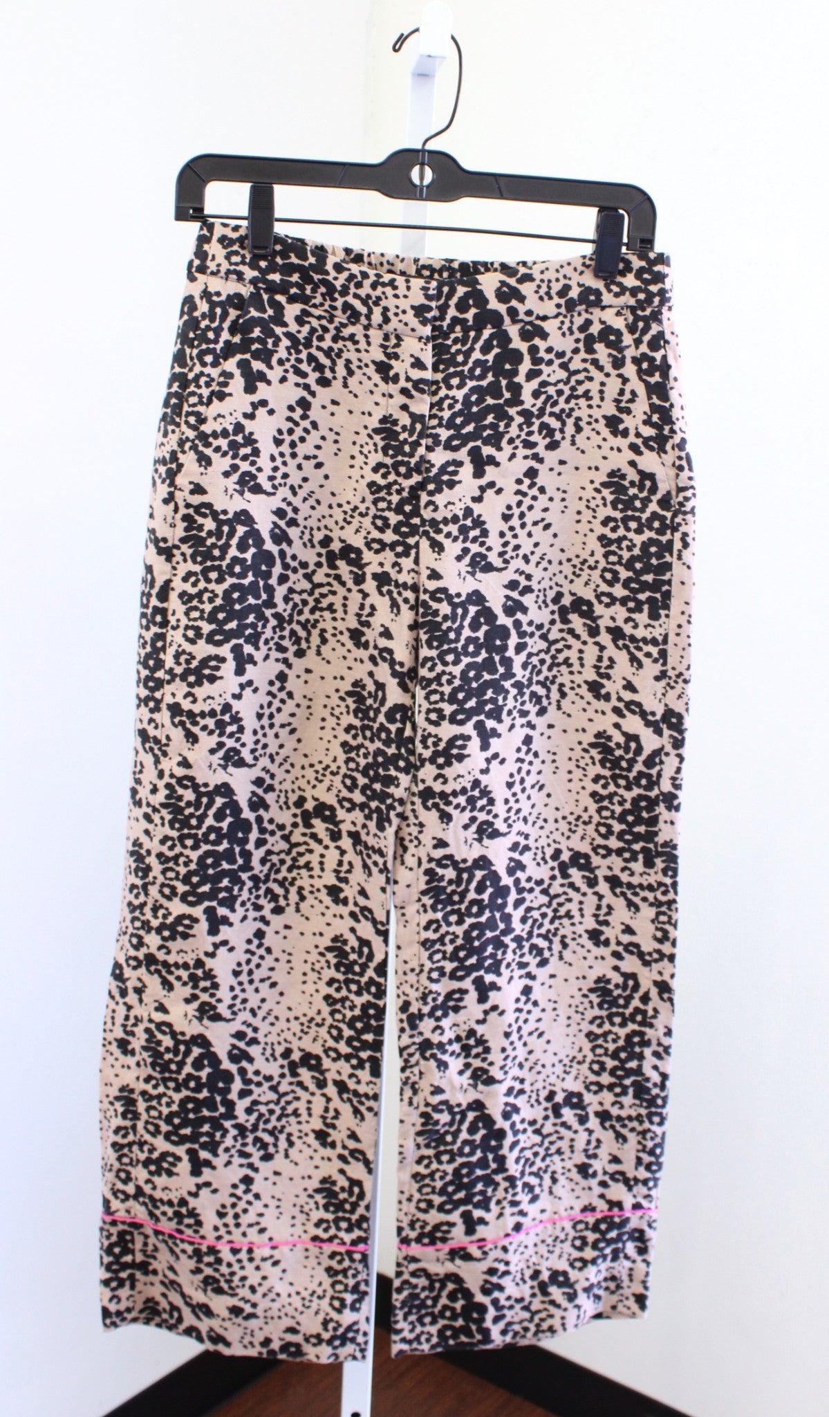 J Crew Leopard Print Linen Blend High Rise Cropped Peyton Pants Size 2 Pink Trim