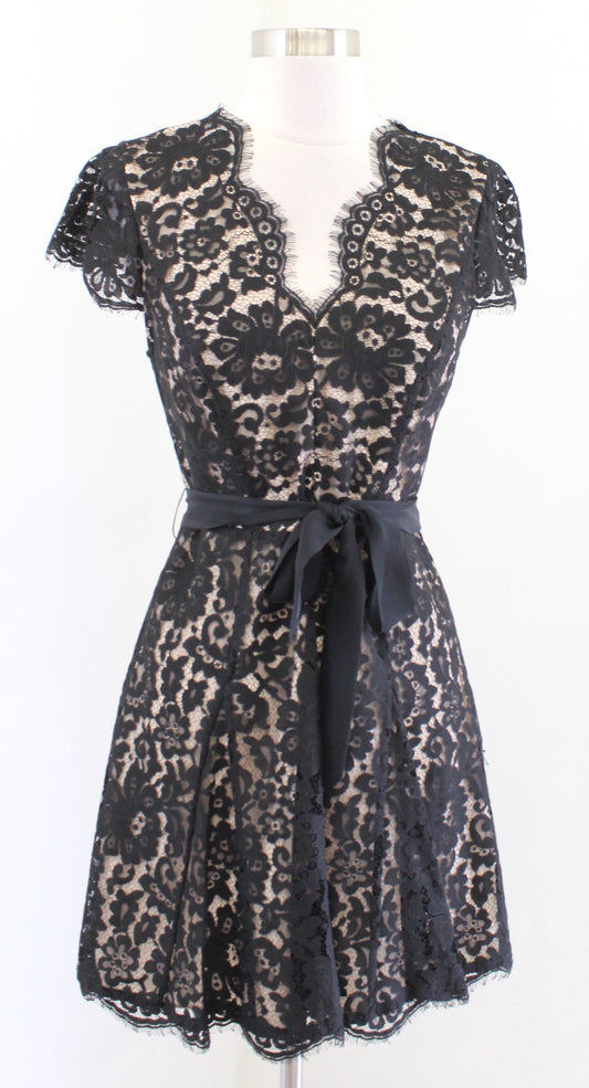 Joie Sloane Black Lace Illusion Cap Sleeve Mini Dress Sz 2 Cocktail Party Flare