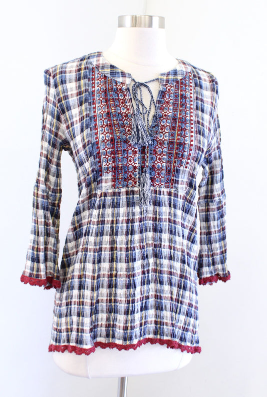 Sundance Catalog Blue Crinkle Plaid Embroidered Tassel Tie Tunic Top Blouse Sz S