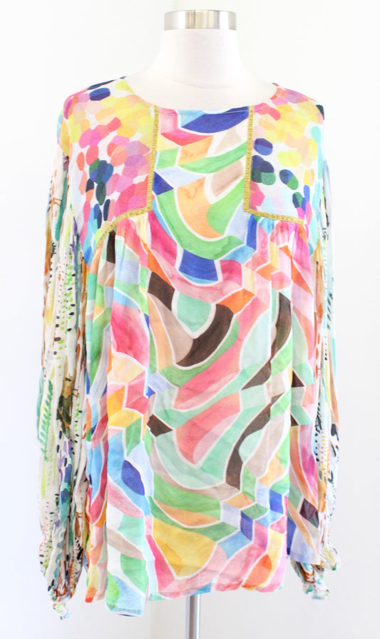 Blank Bl^nk Anthropologie Miranda Colorful Rainbow Printed Peasant Top Blouse 1X