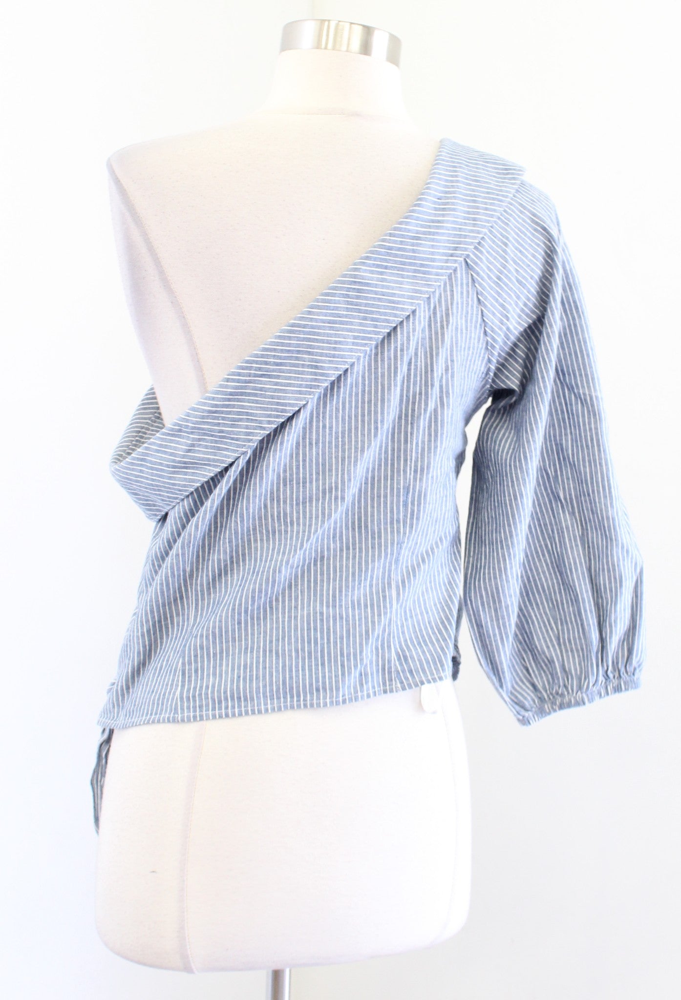 NWT Free People Get Down Blue Striped One Shoulder Tie Top Blouse Linen Size 10