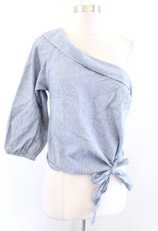 NWT Free People Get Down Blue Striped One Shoulder Tie Top Blouse Linen Size 10