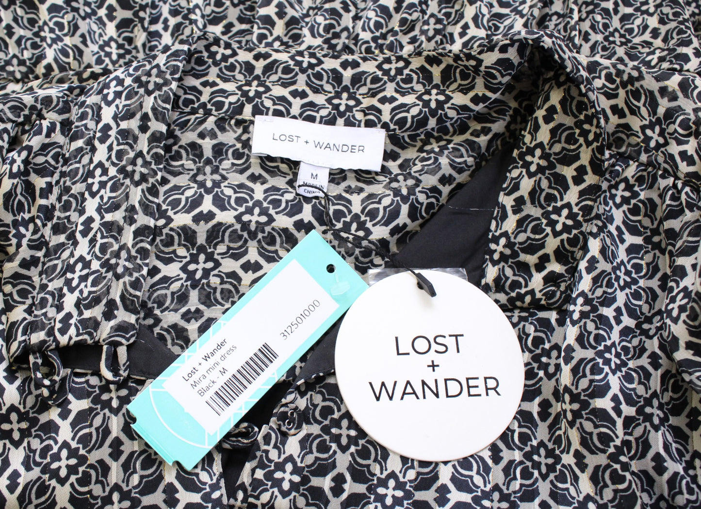 NWT Lost + Wander Stitch Fix Black Beige Metallic Mini Shirt Dress Geometric M