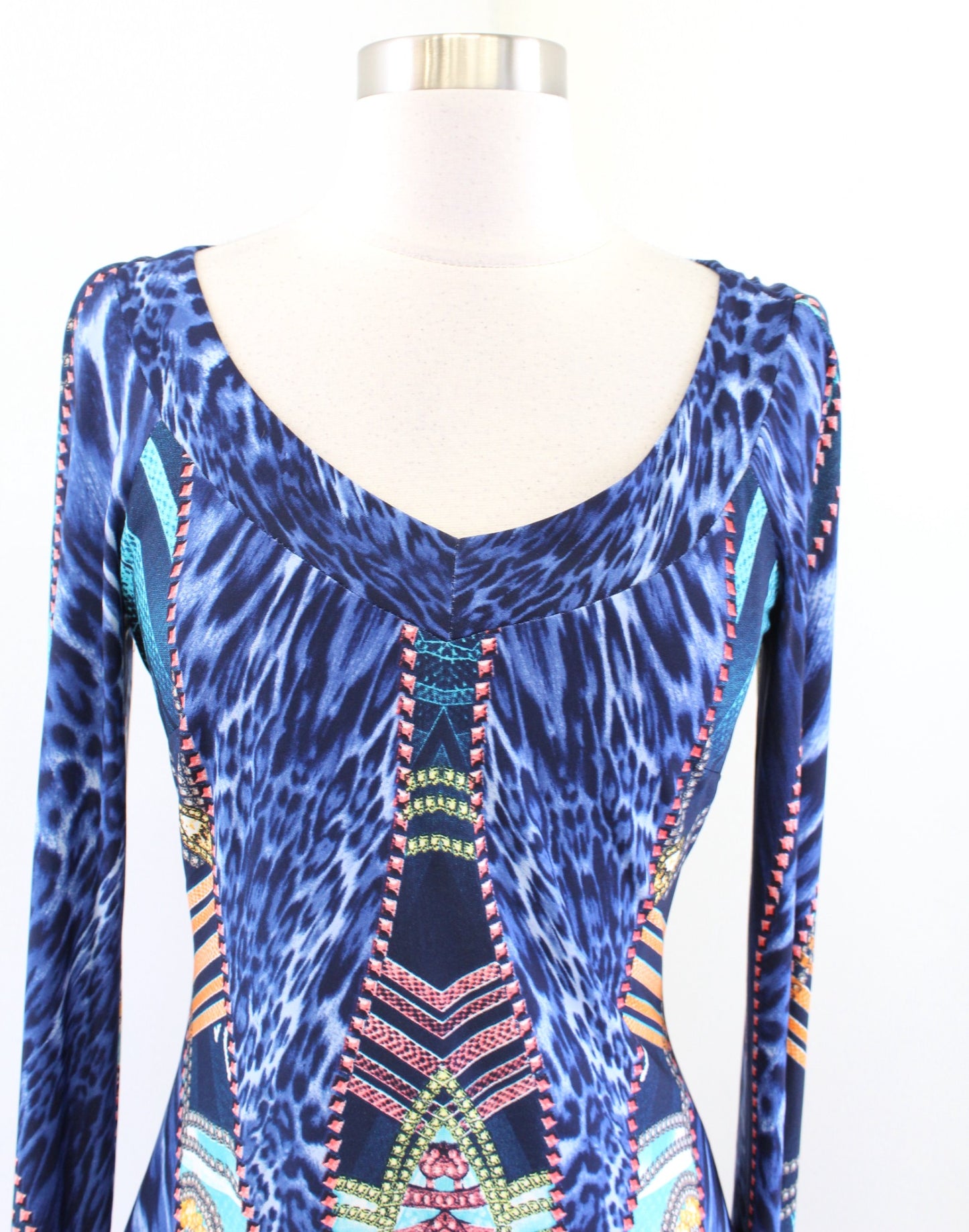 Cache Blue V Neck Leopard Geometric Print Long Sleeve Sheath Dress Abstract Sz 0