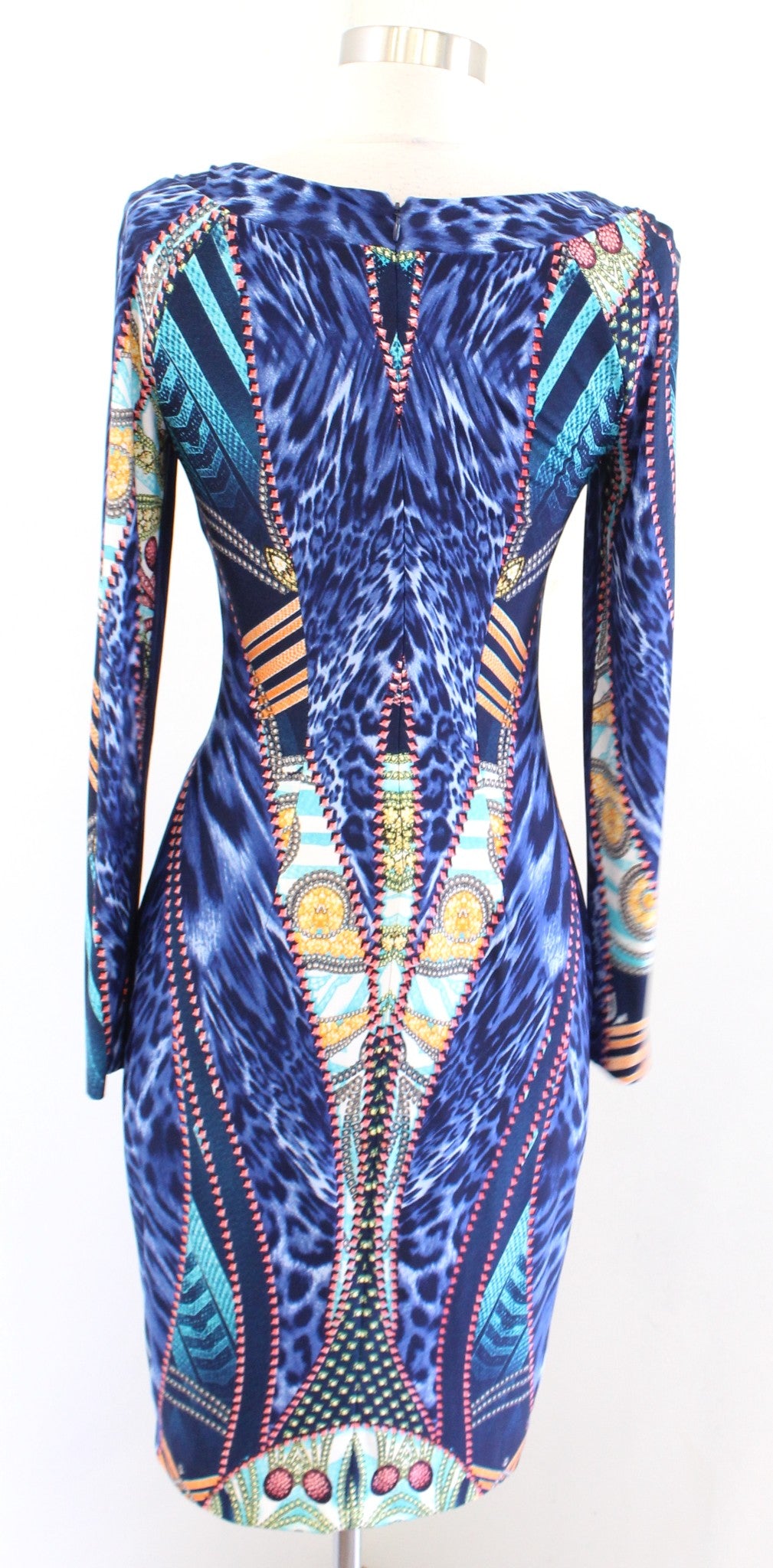 Cache Blue V Neck Leopard Geometric Print Long Sleeve Sheath Dress Abstract Sz 0