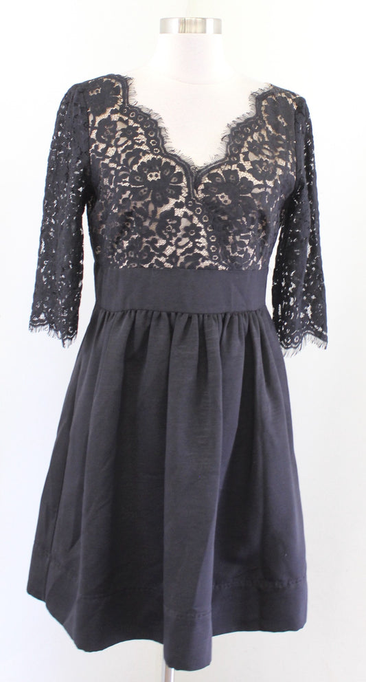 Eliza J Black Lace Faille Fit and Flare Cocktail Party Dress Size 10P V Neck