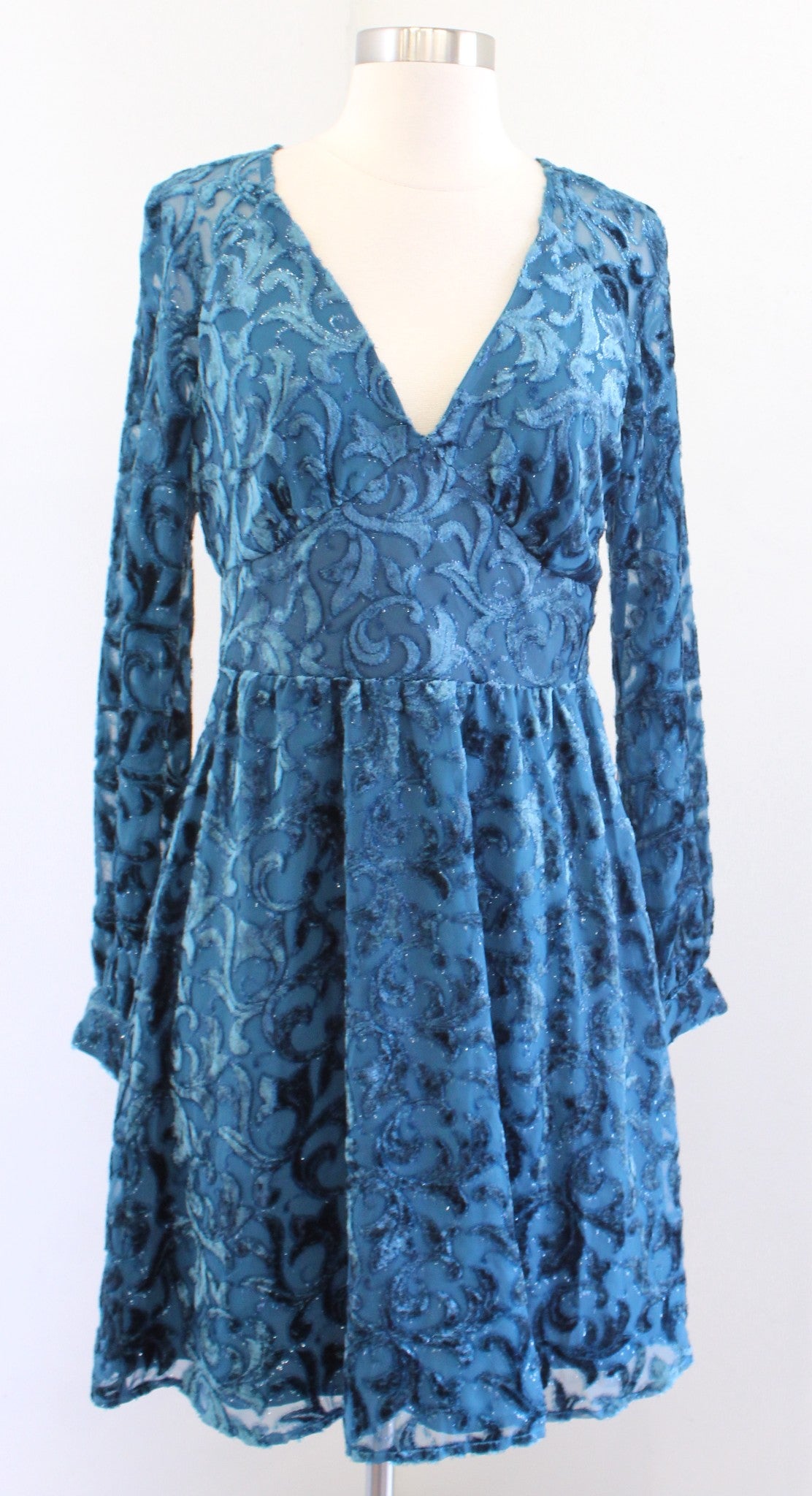 NWT Michael Kors Devore Teal Velvet Textured Dress Size XS V Neck A Line