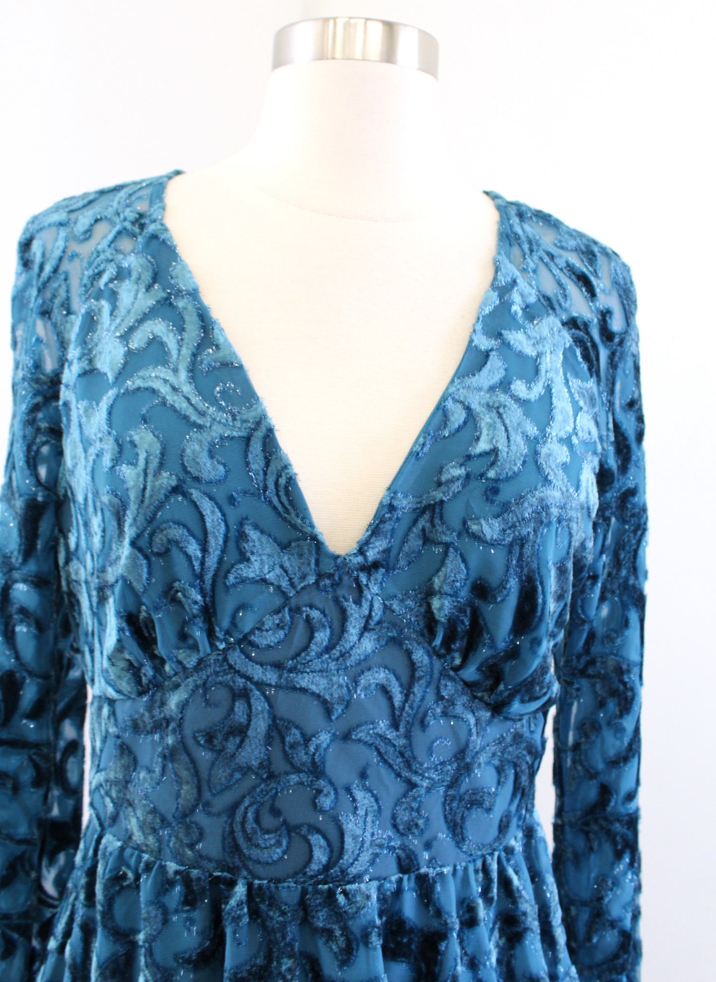 NWT Michael Kors Devore Teal Velvet Textured Dress Size XS V Neck A Line