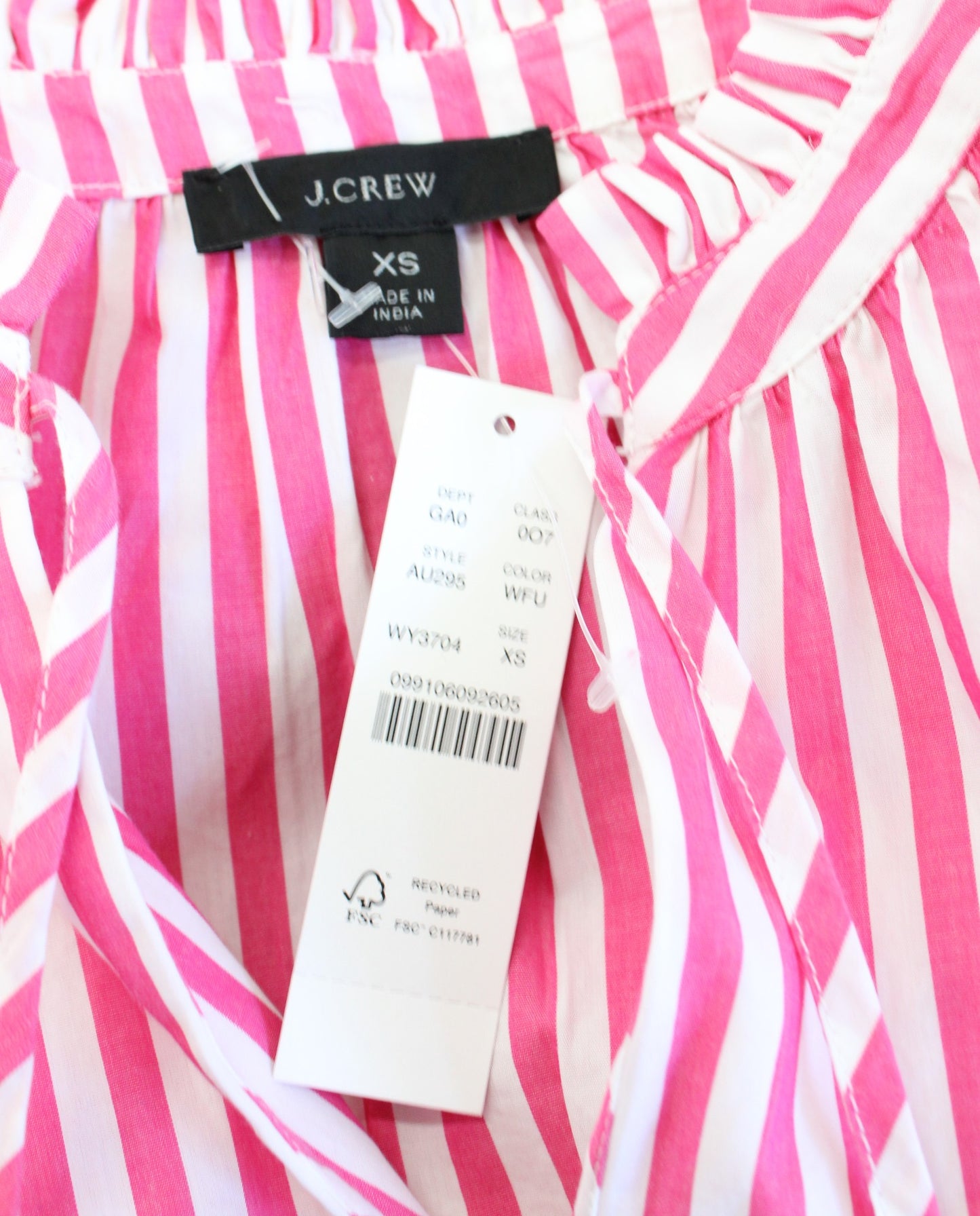 NWT J Crew Pink White Striped Smocked Cuff Tie Neck Popover Top Blouse Size XS Long Sleeve
