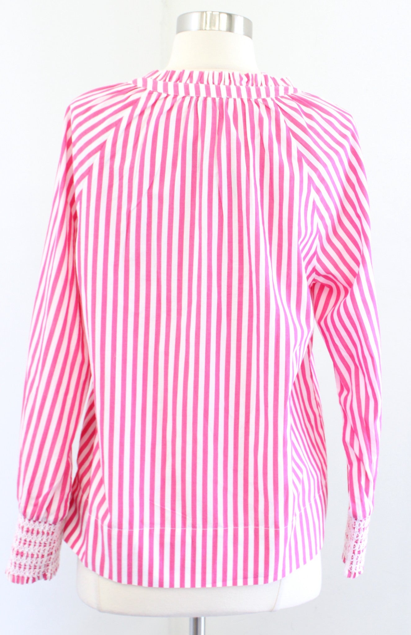 NWT J Crew Pink White Striped Smocked Cuff Tie Neck Popover Top Blouse Size XS Long Sleeve