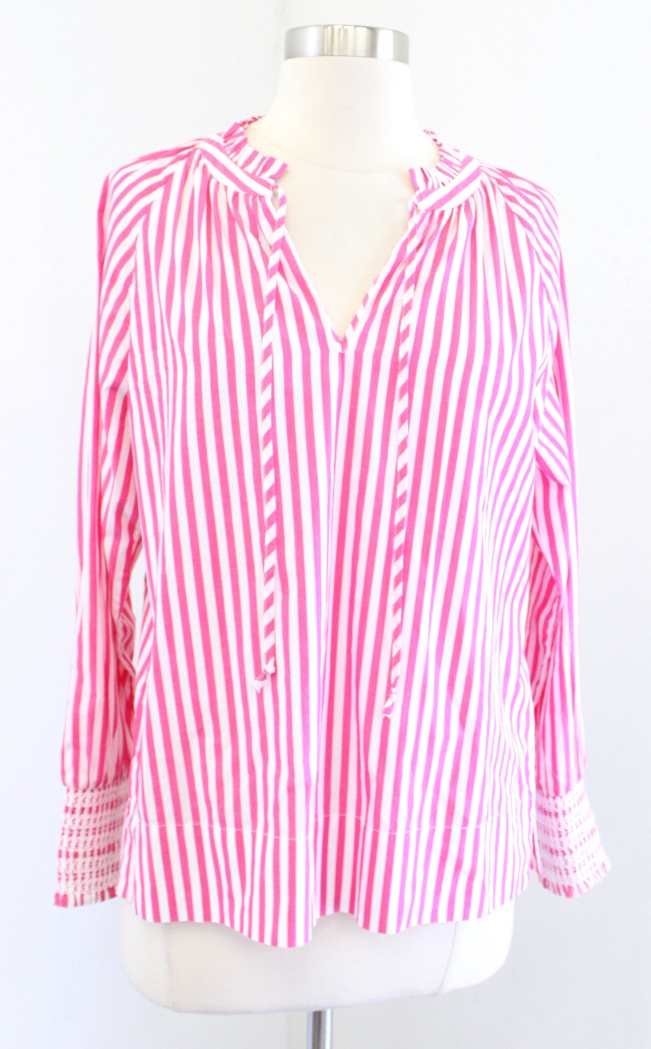 NWT J Crew Pink White Striped Smocked Cuff Tie Neck Popover Top Blouse Size XS Long Sleeve