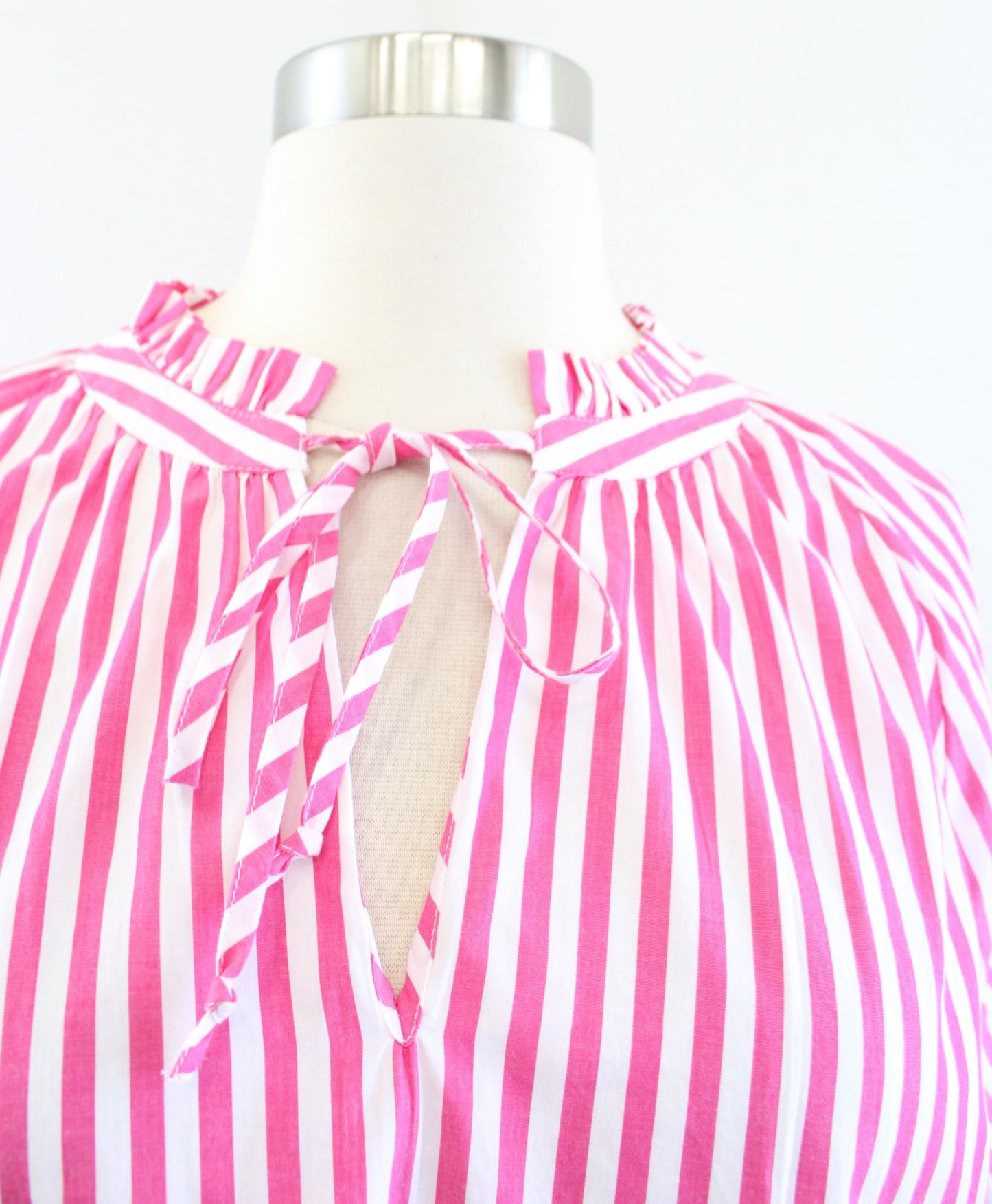 NWT J Crew Pink White Striped Smocked Cuff Tie Neck Popover Top Blouse Size XS Long Sleeve