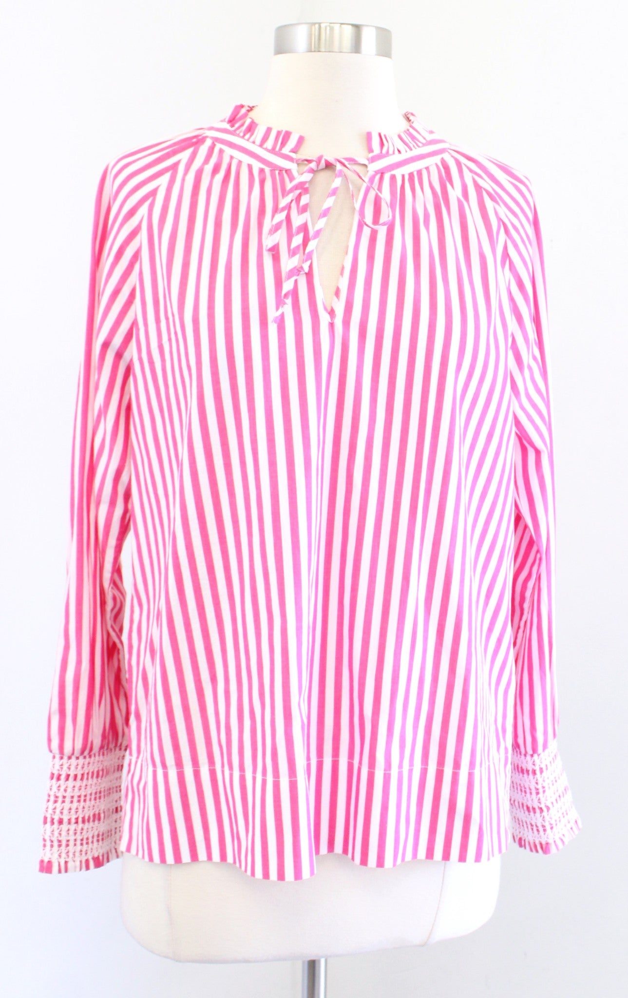 NWT J Crew Pink White Striped Smocked Cuff Tie Neck Popover Top Blouse Size XS Long Sleeve