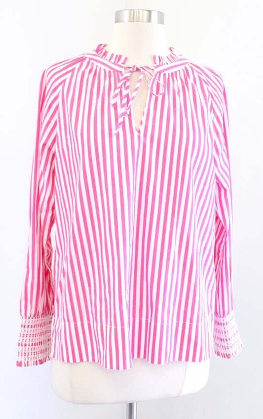 NWT J Crew Pink White Striped Smocked Cuff Tie Neck Popover Top Blouse Size XS