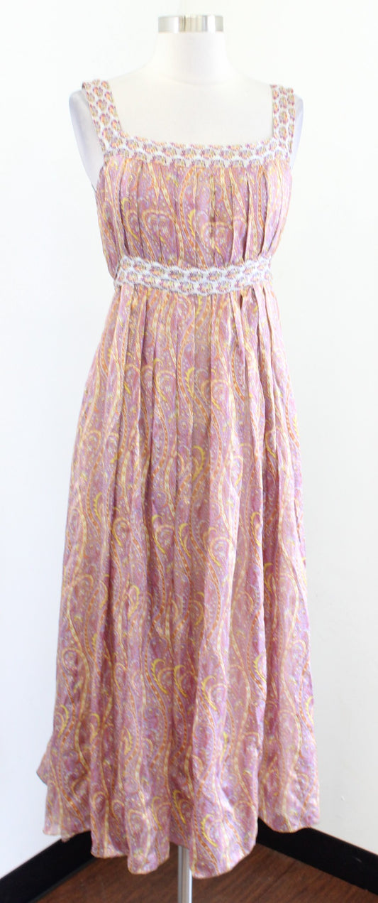 Anna Sui Metallic Paisley Print Tie Waist Midi Maxi Dress Size 6 Pleated Boho