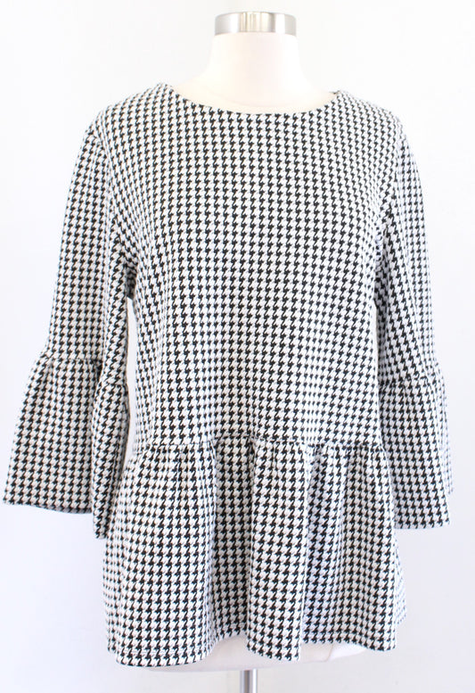 Tyler Boe Black White Houndstooth Print Knit Bell Sleeve Peplum Top Blouse Sz L