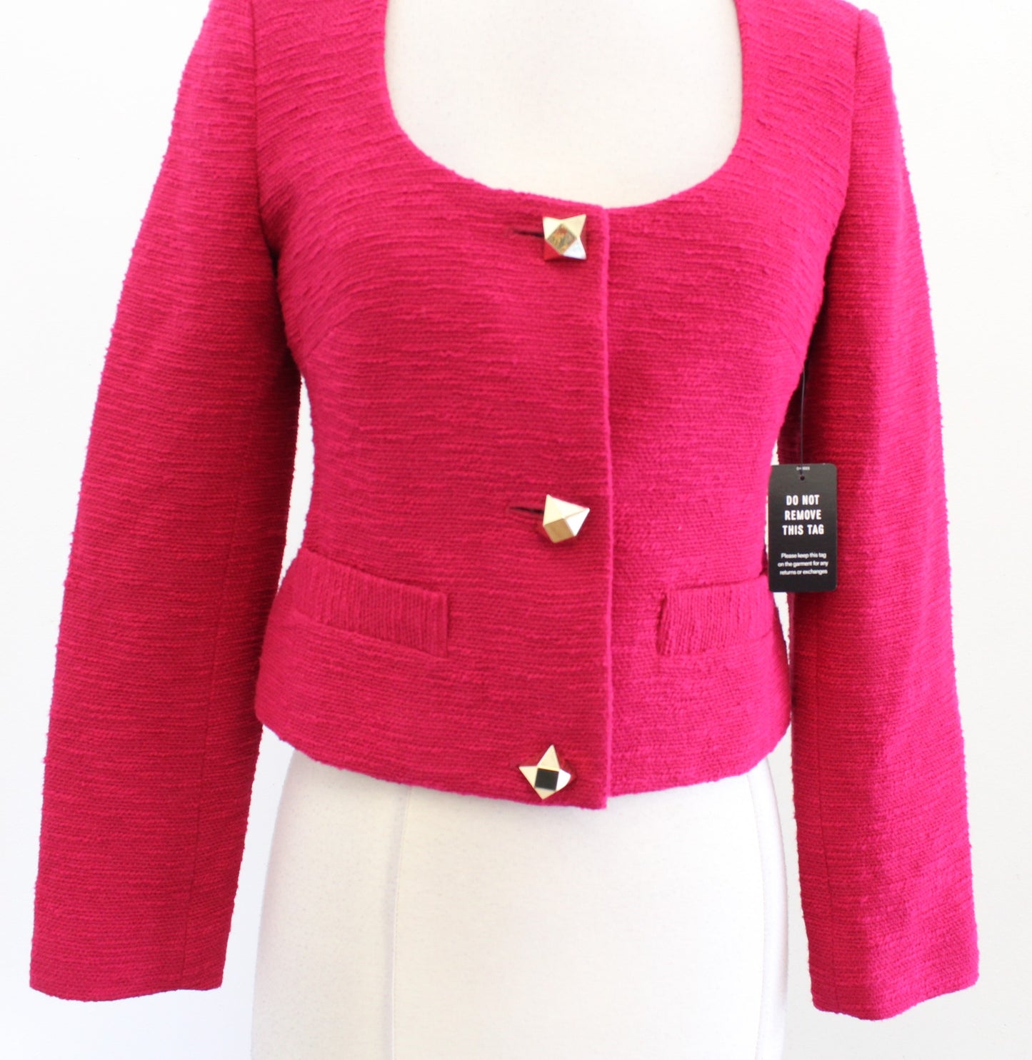 NWT Express Raspberry Tweed Scoop Neck Cropped Blazer Jacket Size XS Gold Button