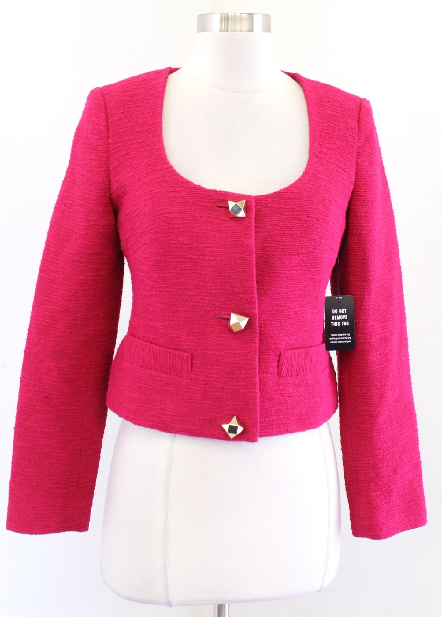 NWT Express Raspberry Tweed Scoop Neck Cropped Blazer Jacket Size XS Gold Button