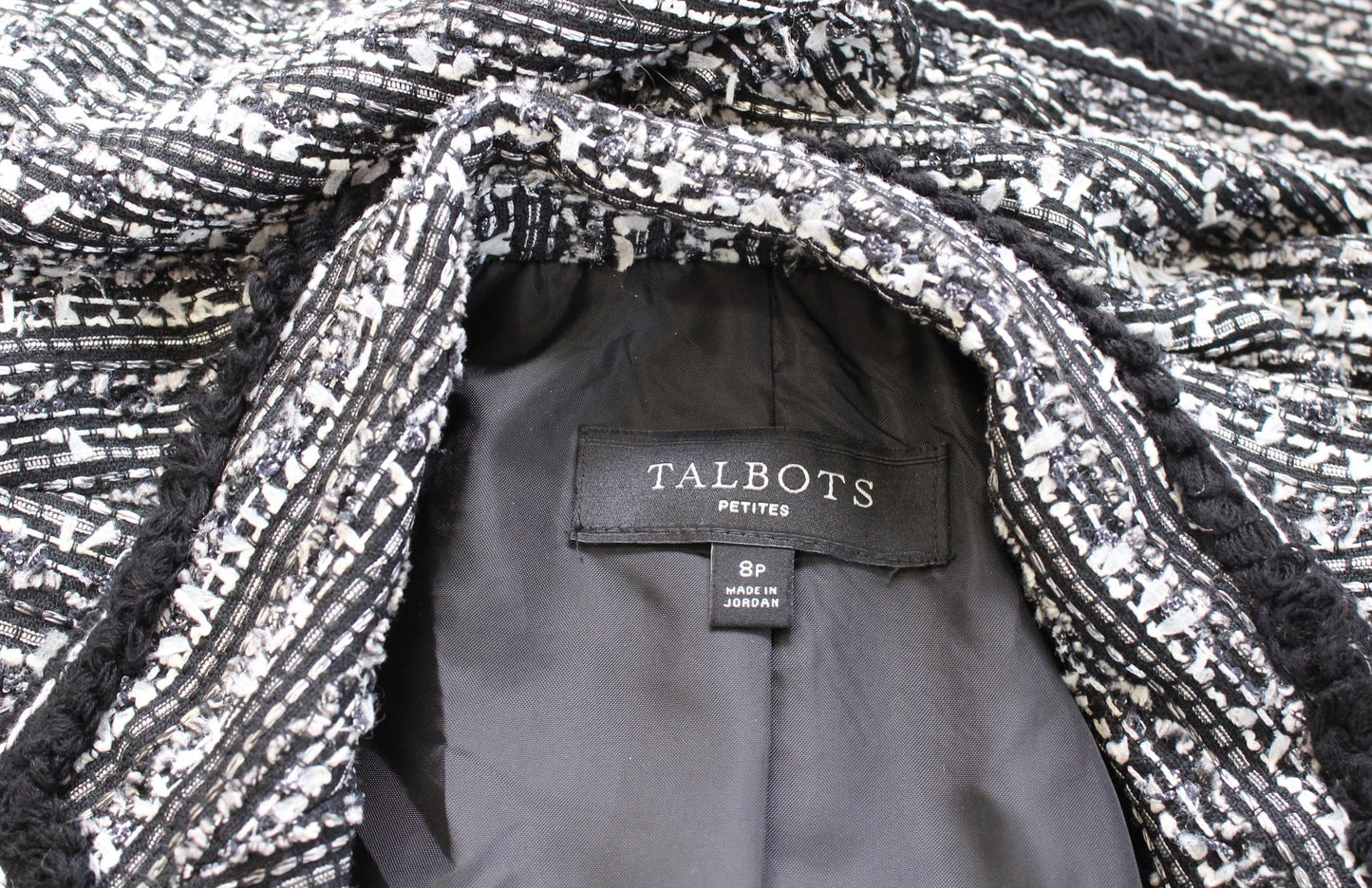 Talbots Womens Fringe Trim Tweed Blazer Jacket Size 8P Gray Black Career Office