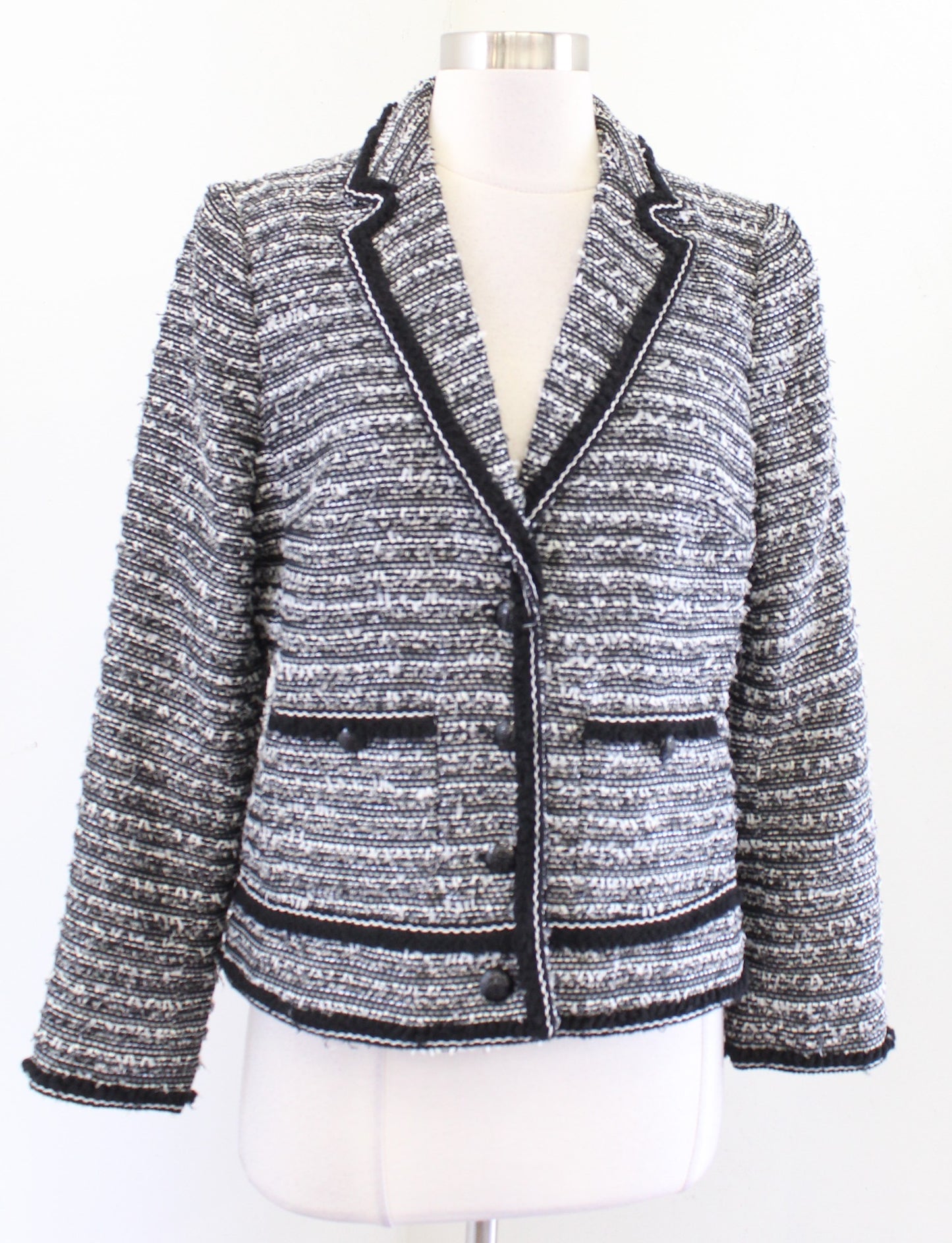 Talbots Womens Fringe Trim Tweed Blazer Jacket Size 8P Gray Black Career Office