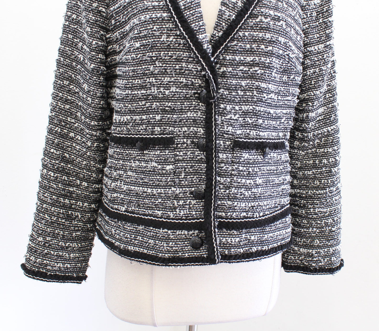 Talbots Womens Fringe Trim Tweed Blazer Jacket Size 8P Gray Black Career Office