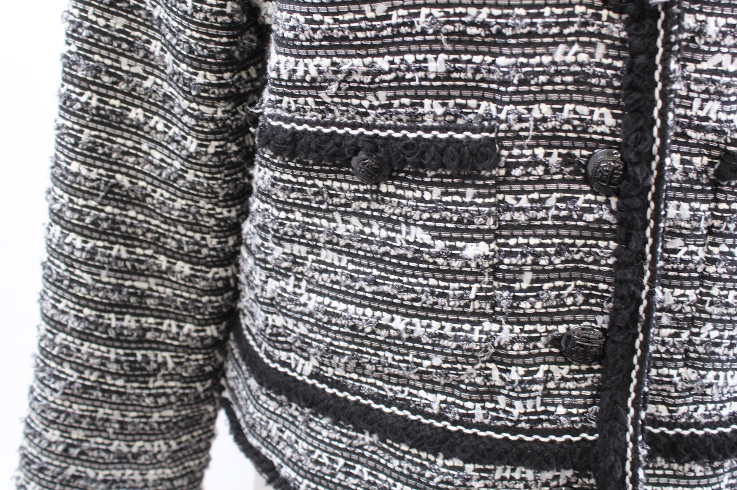 Talbots Womens Fringe Trim Tweed Blazer Jacket Size 8P Gray Black Career Office