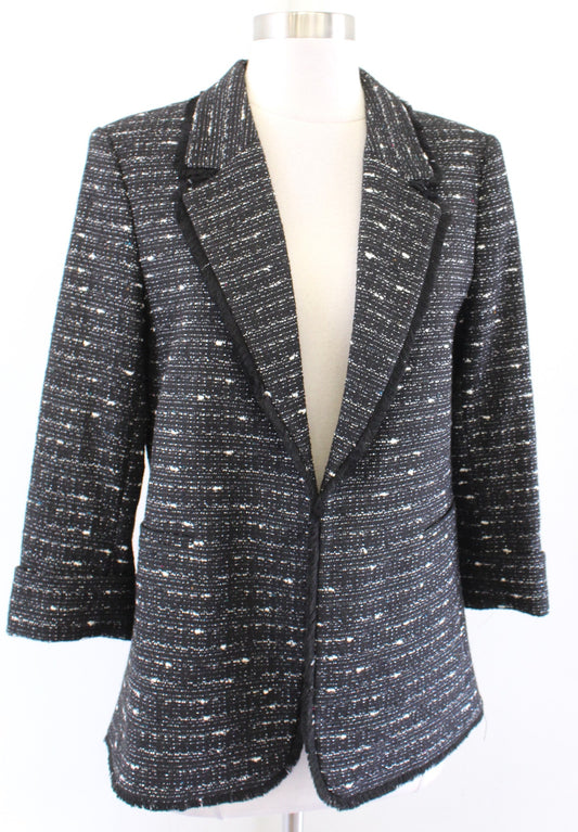 Tahari ASL Levine Black White Multi Color Speckle Tweed Fringe Blazer Jacket 6